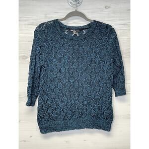 Cable & Gauge Sweater Womens Large Blue Open Knit Pullover Petite 3/4 Sleeve Top